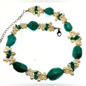 Ross Simons Sterling Silver Turquoise and Cultured White Pearl Beaded Necklace